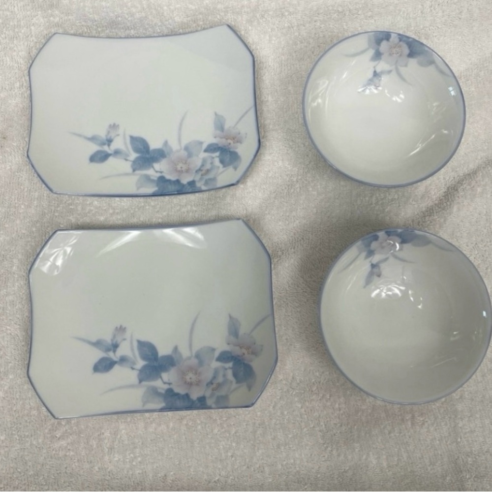 Vintage Japan White Blue Watercolor Rice Bowls + Plates + Chopstick Set of 2